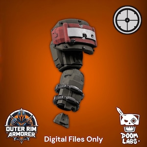 May include: A dark gray robotic arm component featuring a red and silver upper section with visible bolts. The piece includes segmented plating and a detached lower fragment. Text includes "OUTER RIM ARMORER", "DOOM LABS", and "Digital Files Only".