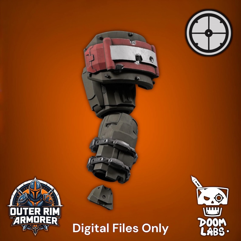 May include: A dark gray robotic arm component featuring a red and silver upper section with visible bolts. The piece includes segmented plating and a detached lower fragment. Text includes "OUTER RIM ARMORER", "DOOM LABS", and "Digital Files Only".