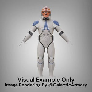 May include: A full-body image of a white and blue armored figure with an orange helmet. The armor has blue accents on the shoulders and legs. The text "Visual Example Only" and "Image Rendering By @GalacticArmory" are at the bottom.