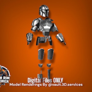 May include: A set of silver-colored metallic armor components including a helmet, chest plate, shoulder pauldrons, gauntlets, belt, thigh plates, and shin guards. The text "OUTER RIM ARMORER", "DIGITAL FILES ONLY", and "Model Renderings By @vault.3D.services" is visible.