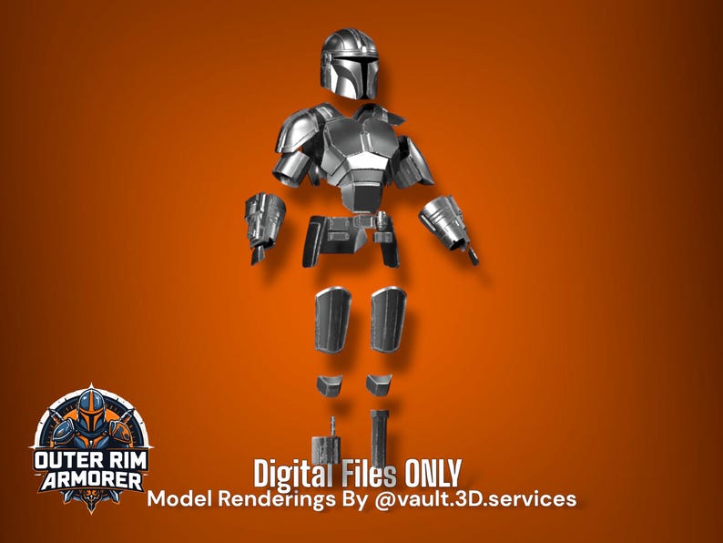 May include: A set of silver-colored metallic armor components including a helmet, chest plate, shoulder pauldrons, gauntlets, belt, thigh plates, and shin guards. The text "OUTER RIM ARMORER", "DIGITAL FILES ONLY", and "Model Renderings By @vault.3D.services" is visible.