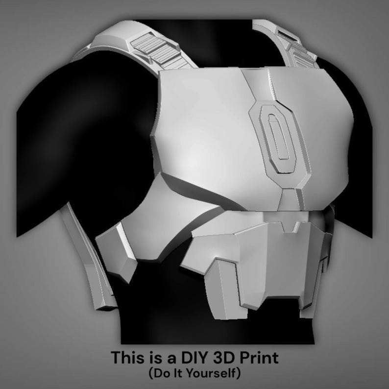 Op de afbeelding: Een lichtgrijze 3D-geprinte borstpantser met geometrische vormen en een futuristisch ontwerp. De tekst onderaan luidt: "This is a DIY 3D Print (Do It Yourself)".