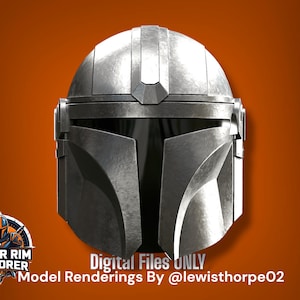 May include: A metallic silver helmet with a smooth, rounded dome and a T-shaped visor opening. The helmet features a weathered, textured finish and side ear caps. Text at the bottom reads: DIGITAL FILES ONLY Model Renderings By @lewisthorpe02.