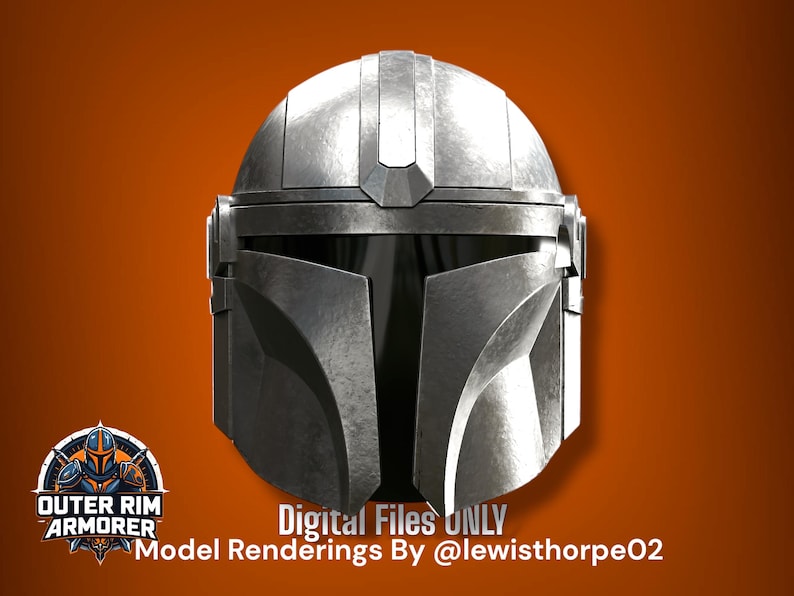 May include: A metallic silver helmet with a smooth, rounded dome and a T-shaped visor opening. The helmet features a weathered, textured finish and side ear caps. Text at the bottom reads: DIGITAL FILES ONLY Model Renderings By @lewisthorpe02.