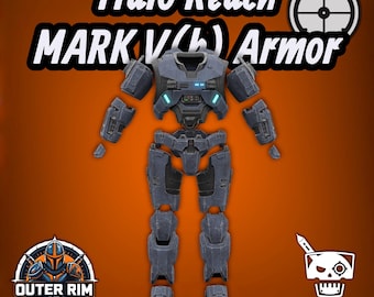 May include: A set of blue-grey Halo Reach Mark V(b) armor pieces, including a chest plate, shoulder pauldrons, arm guards, and leg plating. The text Halo Reach MARK V(b) Armor and Digital Files Only is visible along with two logos.