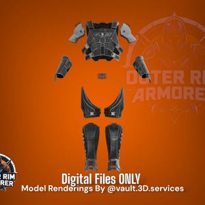 May include: An image of a black and gray armor set, digitally rendered against an orange background. The armor includes a chest piece, shoulder pads, arm guards, and leg armor. Text on the image reads "Outer Rim Armorer" and "Digital Files ONLY."