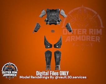 Op de afbeelding: Een digitaal weergegeven zwart en grijs pantser op een oranje achtergrond. Het pantser omvat een borststuk, schouderstukken, armbeschermers en beenbeschermers. De afbeelding bevat de tekst "Outer Rim Armorer" en "Digital Files ONLY."