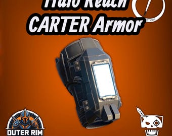 May include: A dark gray forearm armor piece with a rectangular screen panel, featuring the text Halo Reach CARTER ARMOR and Digital Files Only. The design includes a circular logo with a paintbrush and a skull logo labeled DOOM LABS.