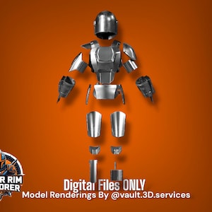 May include: A set of metallic silver armor components including a helmet, chest plate, shoulder pauldrons, gauntlets, thigh plates, knee guards, and shin guards arranged in a disassembled layout. Text reads: Digital Files ONLY Model Renderings By @vault.3D.services.