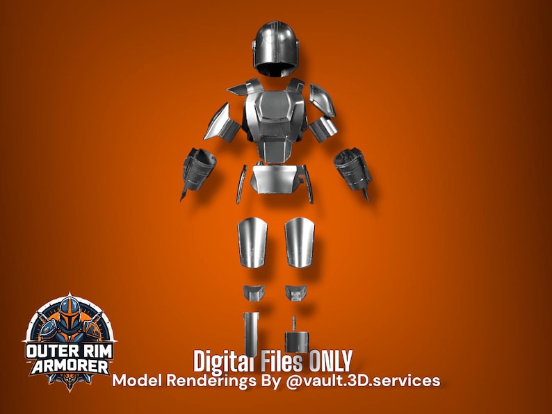 May include: A set of metallic silver armor components including a helmet, chest plate, shoulder pauldrons, gauntlets, thigh plates, knee guards, and shin guards arranged in a disassembled layout. Text reads: Digital Files ONLY Model Renderings By @vault.3D.services.