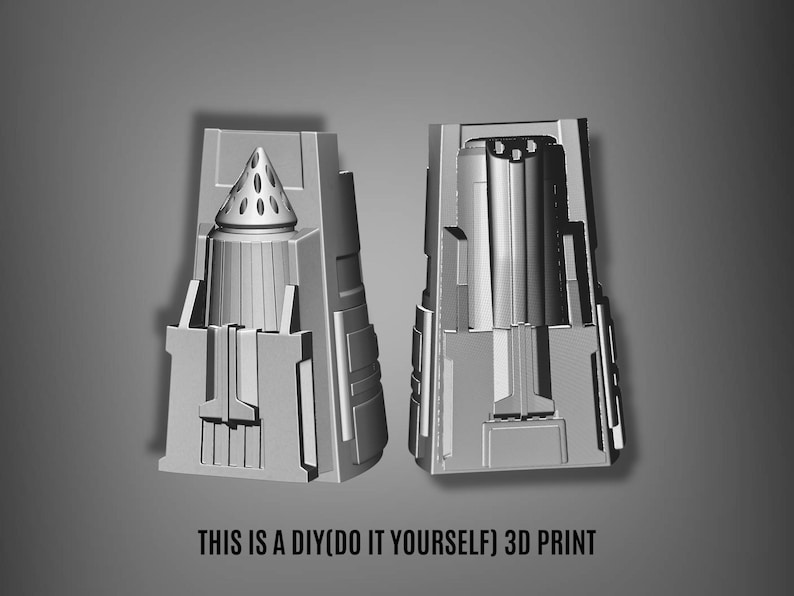 Puede incluir: Dos objetos grises geom&eacute;tricos impresos en 3D, posiblemente componentes de una estructura m&aacute;s grande, se muestran sobre un fondo gris. Uno tiene una parte superior c&oacute;nica con perforaciones. El texto "THIS IS A DIY(DO IT YOURSELF) 3D PRINT" est&aacute; en la parte inferior.
