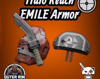 May include: Halo Reach EMILE Armor digital files featuring a red and grey helmet with a combat knife and a separate grey visor piece with bullet hole markings. The text reads Halo Reach EMILE Armor, Outer Rim Armorer, Doom Labs, and Digital Files Only.