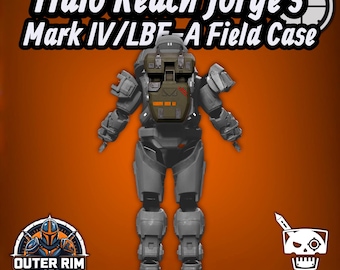 May include: A gray armored suit featuring a green and brown field case attached to the back. The text Halo Reach Jorge's Mark IV/LBE-A Field Case and Digital Files Only is displayed. The suit has segmented plating on the arms, legs, and torso.