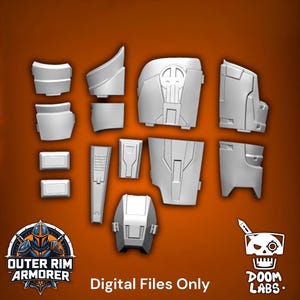 May include: A collection of eleven light gray, unpainted 3D model armor components featuring geometric panels and recessed details. The set includes various plates for limbs and torso sections, arranged against an orange background with text.