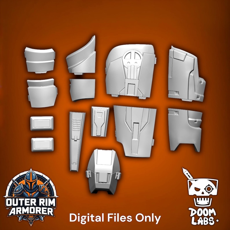 May include: A collection of eleven light gray, unpainted 3D model armor components featuring geometric panels and recessed details. The set includes various plates for limbs and torso sections, arranged against an orange background with text.