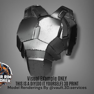 Puede incluir: Una pieza de armadura de pecho met&aacute;lica segmentada, probablemente para cosplay o exhibici&oacute;n. El dise&ntilde;o presenta formas geom&eacute;tricas y un acabado plateado. La imagen incluye el texto "OUTER RIM ARMORER" y "THIS IS A DIY (DO IT YOURSELF) 3D PRINT".