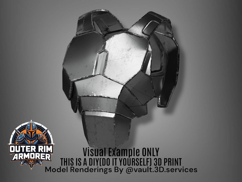 Puede incluir: Una pieza de armadura de pecho met&aacute;lica segmentada, probablemente para cosplay o exhibici&oacute;n. El dise&ntilde;o presenta formas geom&eacute;tricas y un acabado plateado. La imagen incluye el texto "OUTER RIM ARMORER" y "THIS IS A DIY (DO IT YOURSELF) 3D PRINT".