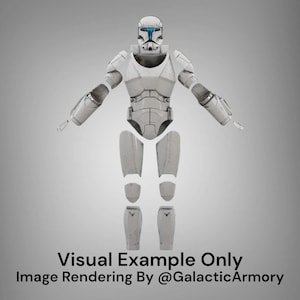 May include: A gray and white armored figure with a helmet and blue accents. The figure is standing with arms outstretched. The text "Visual Example Only" and "Image Rendering By @GalacticArmory" are at the bottom.