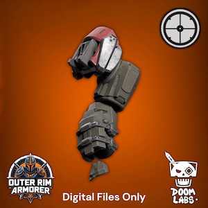 May include: A 3D digital model of a robotic arm component featuring a red shoulder piece, olive green upper arm plating, and a segmented olive green forearm. The text "Digital Files Only" appears at the bottom with two logos.