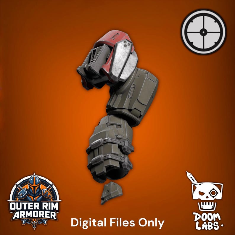 May include: A 3D digital model of a robotic arm component featuring a red shoulder piece, olive green upper arm plating, and a segmented olive green forearm. The text "Digital Files Only" appears at the bottom with two logos.