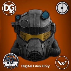 May include: A detailed, digitally rendered, gray and black helmet with a yellow visor. The helmet has various attachments, including a circular blue lens and a breathing apparatus. The text "Digital Files Only" is visible.