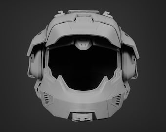 May include: A gray, futuristic-style helmet with a large visor and detailed exterior components. The helmet has ear pieces and a top-mounted section. The design suggests a sci-fi or gaming theme.