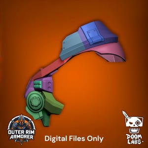 May include: A multi-colored 3D model of a shoulder armor piece featuring a large curved blue shoulder pad, a red connector strap, and a green mechanical joint assembly. The text "Outer Rim Armorer", "Digital Files Only", and "Doom Labs" is visible.