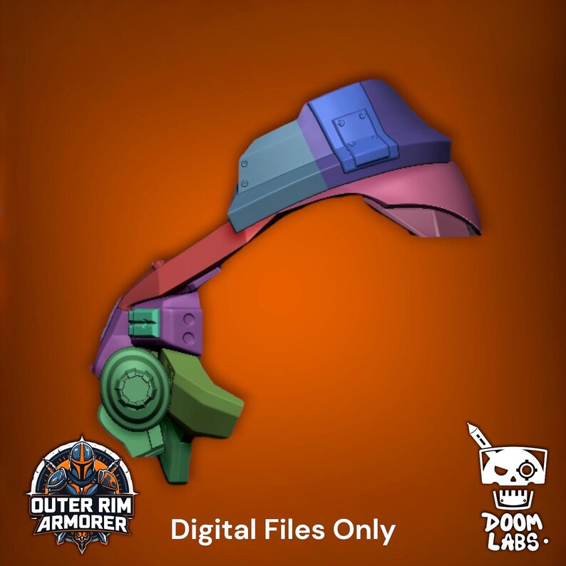 May include: A multi-colored 3D model of a shoulder armor piece featuring a large curved blue shoulder pad, a red connector strap, and a green mechanical joint assembly. The text "Outer Rim Armorer", "Digital Files Only", and "Doom Labs" is visible.