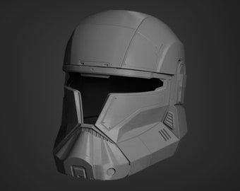 May include: A gray, detailed, futuristic helmet with a visor and a textured surface.