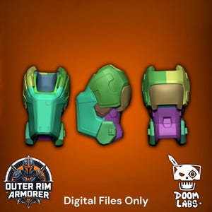 May include: Three views of a green, yellow, and purple armor shoulder piece. The left view shows the front, the center view shows the side profile, and the right view shows the back. The text "Digital Files Only" is centered at the bottom.