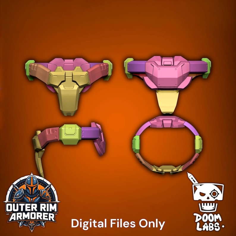 May include: A set of four multi-colored armor components in shades of pink, purple, and light green, featuring geometric panels and mechanical details. The text "Outer Rim Armorer", "Digital Files Only", and "Doom Labs" is visible at the bottom.