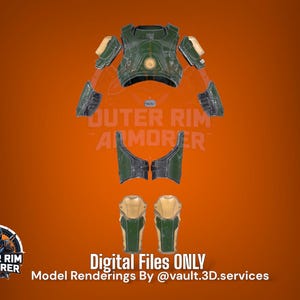May include: A digital model of a green and brown armour set, with the text "Outer Rim Armorer" on the chest piece. The armour is separated into individual pieces, including the chest, shoulders, arms, legs, and knees. The text "Digital Files ONLY" and "Model Renderings By @vault.3D.services" is at the bottom of the image.