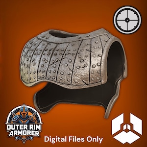 May include: A weathered, metallic chest armor piece with riveted detailing. The armor is a light gray color and has a worn appearance. The image includes the text "Digital Files Only" and a logo for "Outer Rim Armorer".
