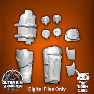 May include: A collection of white 3D printed armor components including a large forearm piece with straps, four small rectangular plates, a shoulder piece, and two additional curved segments. The text "Digital Files Only" is visible.