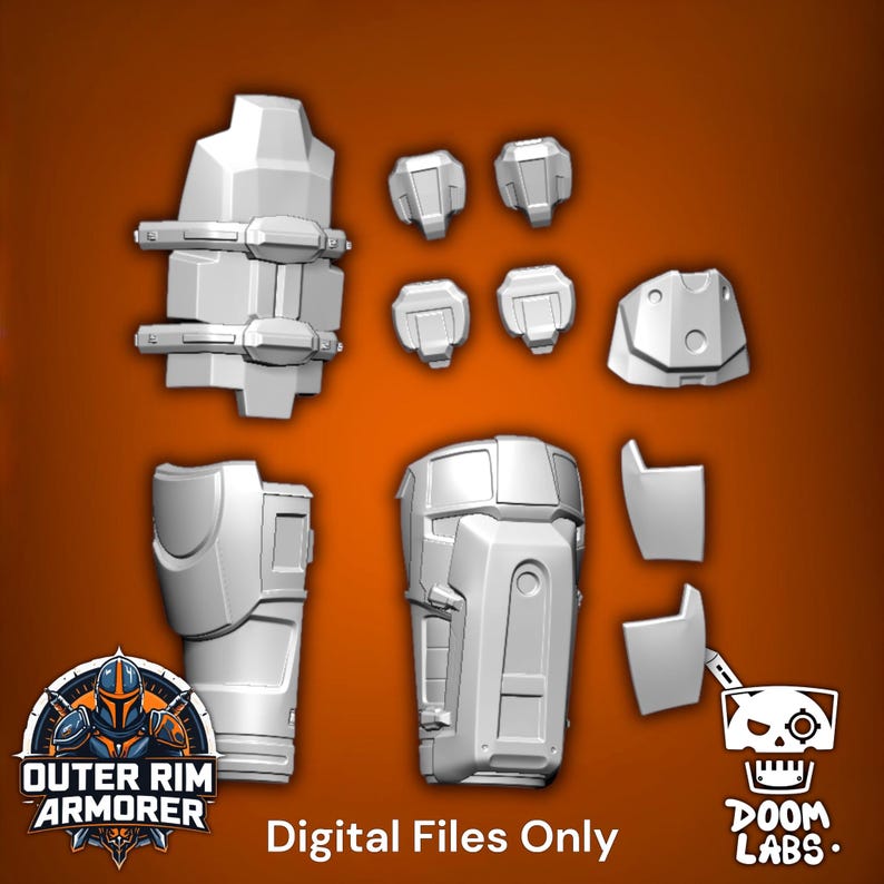 May include: A collection of white 3D printed armor components including a large forearm piece with straps, four small rectangular plates, a shoulder piece, and two additional curved segments. The text "Digital Files Only" is visible.