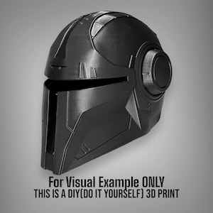 May include: A black 3D printed helmet with a visor and a side panel.  For Visual Example ONLY. THIS IS A DIY (DO IT YOURSELF) 3D PRINT.