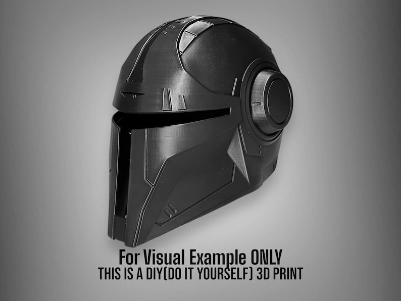 May include: A black 3D printed helmet with a visor and a side panel.  For Visual Example ONLY. THIS IS A DIY (DO IT YOURSELF) 3D PRINT.