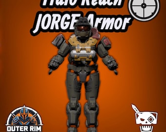 May include: A full-body suit of Halo Reach Jorge armor in olive green and yellow, featuring a helmet with a dark visor, shoulder pauldrons, and a chest plate. Text reads Halo Reach JORGE ARMOR, Digital Files Only, OUTER RIM ARMORER, and DOOM LABS.