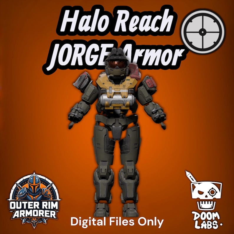 May include: A full-body suit of Halo Reach Jorge armor in olive green and yellow, featuring a helmet with a dark visor, shoulder pauldrons, and a chest plate. Text reads Halo Reach JORGE ARMOR, Digital Files Only, OUTER RIM ARMORER, and DOOM LABS.