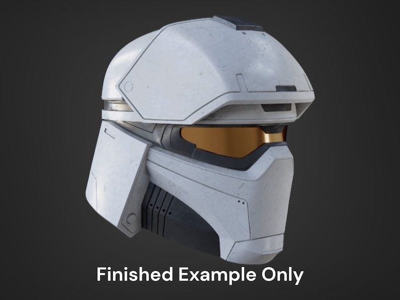 May include: White futuristic helmet with a visor and a dark gray chin guard. The helmet has a weathered, worn look.