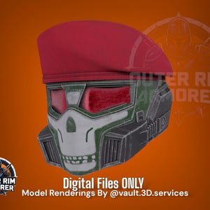 Puede incluir: Diseño digital de casco con boina roja, máscara facial verde y gris con lentes rojas y diseño de calavera. El texto "Digital Files ONLY" es visible. También está presente el logotipo de Outer Rim Armorer.