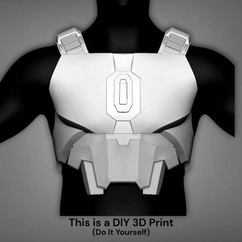 Op de afbeelding: Een wit, 3D-geprint borstpantser met een futuristisch ontwerp. Het pantser heeft een centraal rechthoekig detail en schouderbevestigingen. De tekst onderaan luidt: "This is a DIY 3D Print (Do It Yourself)."