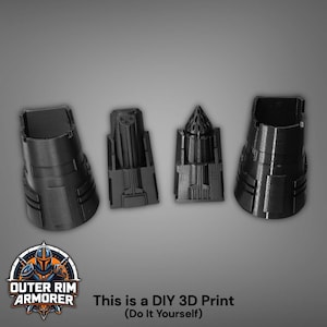 Puede incluir: Se muestran cuatro componentes de armadura negros impresos en 3D. Cada pieza tiene un dise&ntilde;o &uacute;nico. El texto en la parte inferior dice: "This is a DIY 3D Print (Do It Yourself)" y presenta un logotipo.
