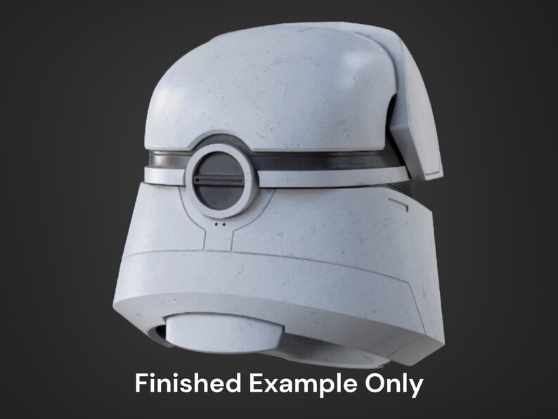 May include: A white helmet with a black visor and a circular opening on the front. The helmet has a textured surface and appears to be made of plastic.