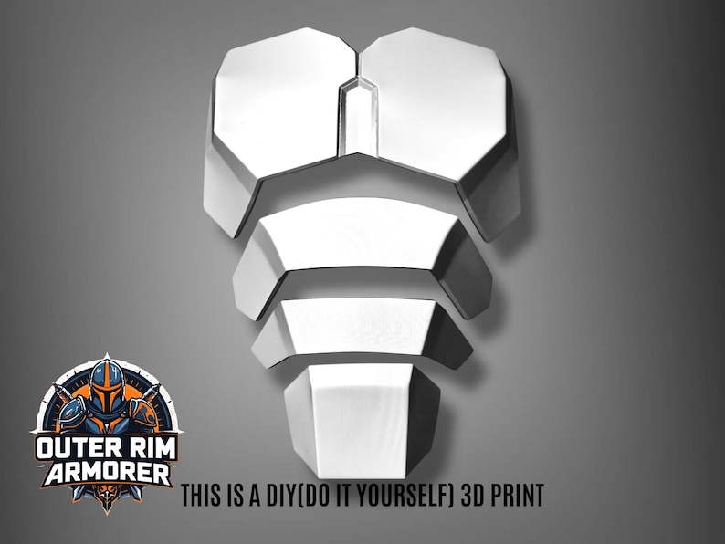 Puede incluir: Un conjunto de armadura de pecho blanca, segmentada e impresa en 3D, dispuesta verticalmente sobre un fondo degradado gris. El texto "THIS IS A DIY(DO IT YOURSELF) 3D PRINT" est&aacute; en la parte inferior. El logotipo de Outer Rim Armorer est&aacute; en la esquina inferior izquierda.