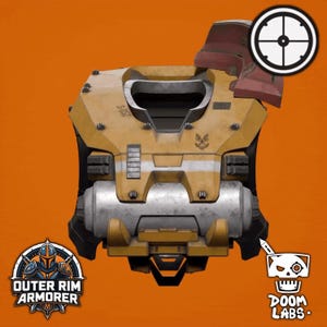 May include: A yellow and silver chest armor piece featuring a central neck opening, a horizontal white stripe, and a small emblem. The armor includes a dark red shoulder component, a circular target icon, and logos for Outer Rim Armorer and Doom Labs.