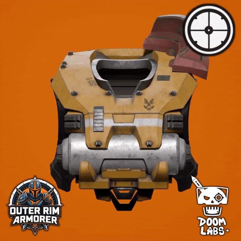 May include: A yellow and silver chest armor piece featuring a central neck opening, a horizontal white stripe, and a small emblem. The armor includes a dark red shoulder component, a circular target icon, and logos for Outer Rim Armorer and Doom Labs.