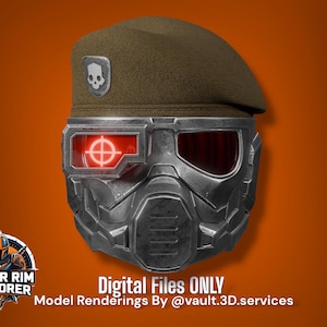 Può includere: Un rendering digitale di un elmetto militare futuristico e un berretto. L'elmetto è grigio metallizzato con un reticolo di puntamento rosso e una lente oculare. Il berretto è verde oliva con un'emblema a teschio. Il testo "Digital Files ONLY" è visibile.