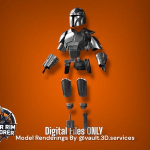 May include: A set of metallic silver armor components including a helmet, chest plate, shoulder pauldrons, gauntlets, a utility belt, shin guards, and knee pads. The text reads: DIGITAL FILES ONLY. Model Renderings By @vault.3D.services.