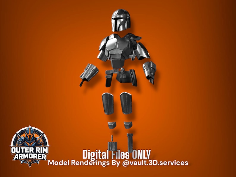 May include: A set of metallic silver armor components including a helmet, chest plate, shoulder pauldrons, gauntlets, a utility belt, shin guards, and knee pads. The text reads: DIGITAL FILES ONLY. Model Renderings By @vault.3D.services.